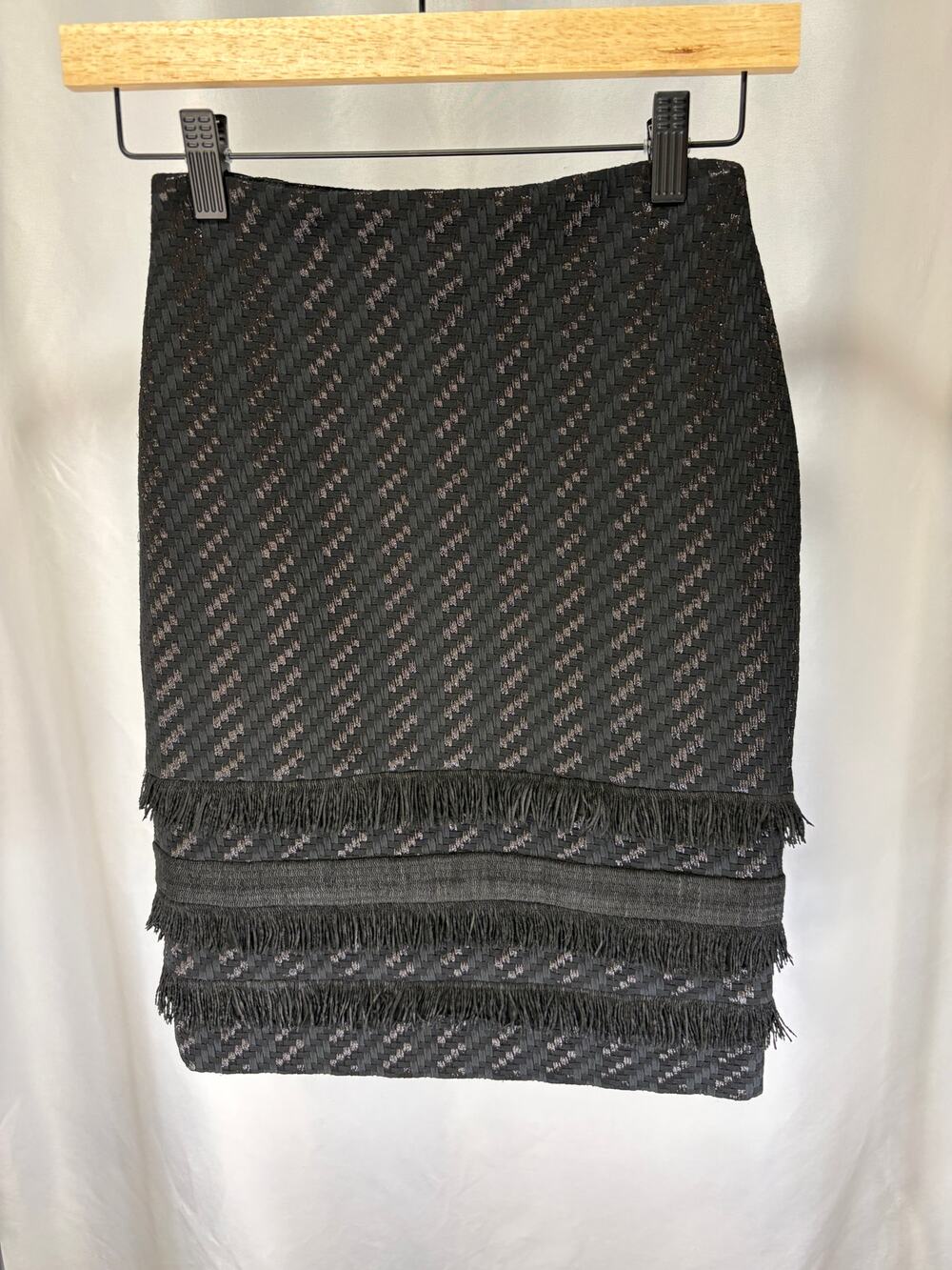 Yigal Azrouel Black Metallic Woven Fringe Pencil Skirt Made in NYC Designer